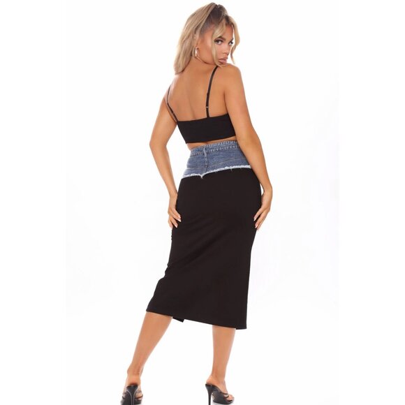 Have It Both Ways Black & Denim Contrast High‑Waist Zipper Midi Skirt Sz S - Picture 3 of 4